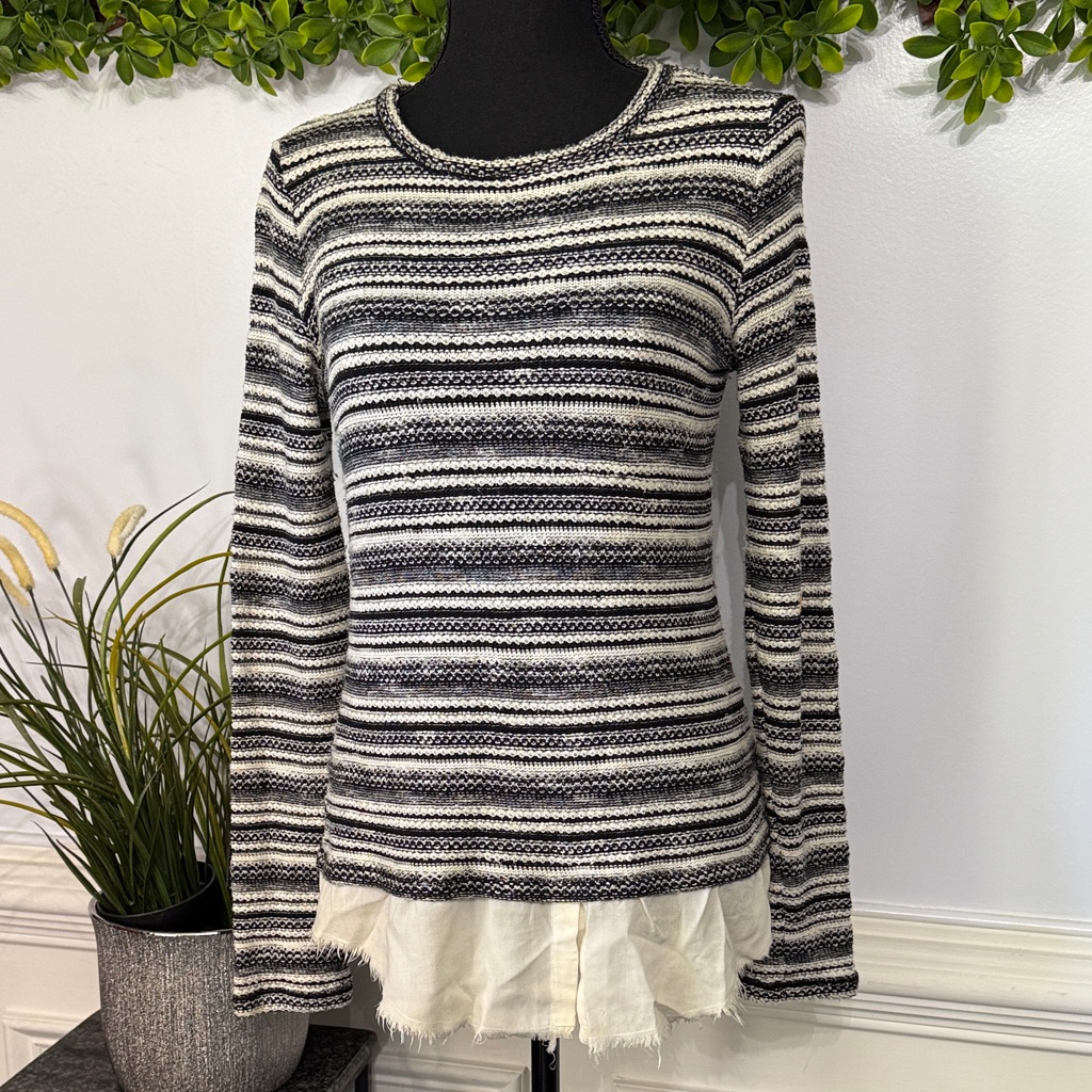 Bailey 44 Knit Black And White Layered Long Sleeve Striped Blouse M